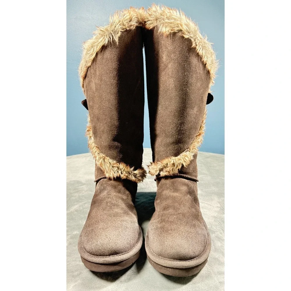 Bearpaw Sheilah Boots Womens 12 Brown Suede Faux Fur Trim Mid Calf